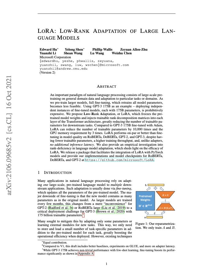 LoRA: Low-Rank Adaptation of Large Language Models — Paper
